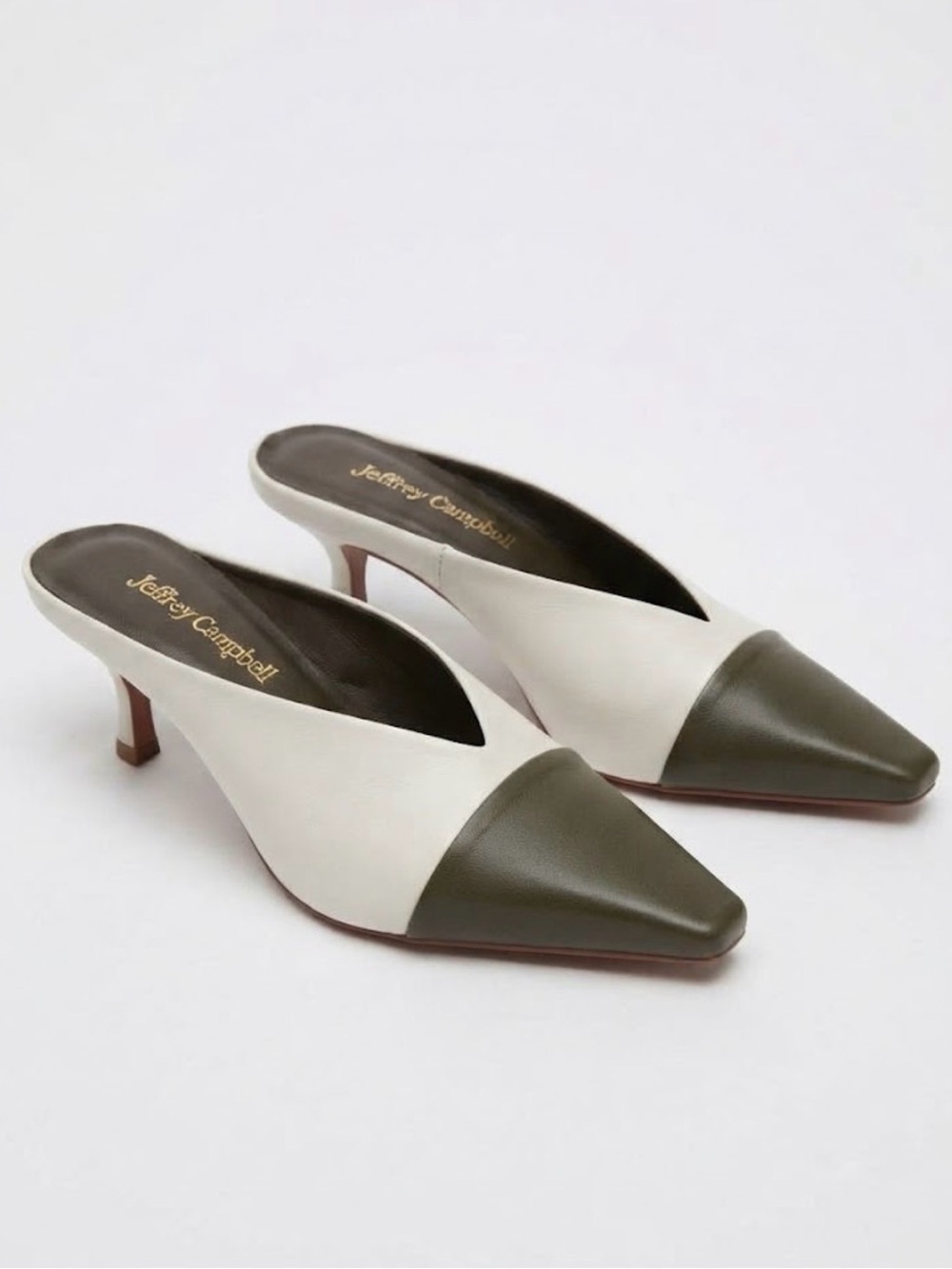 Jeffrey Campbell Investor Cream & Olive Green Pointed Toe Heeled Mules Sz 7